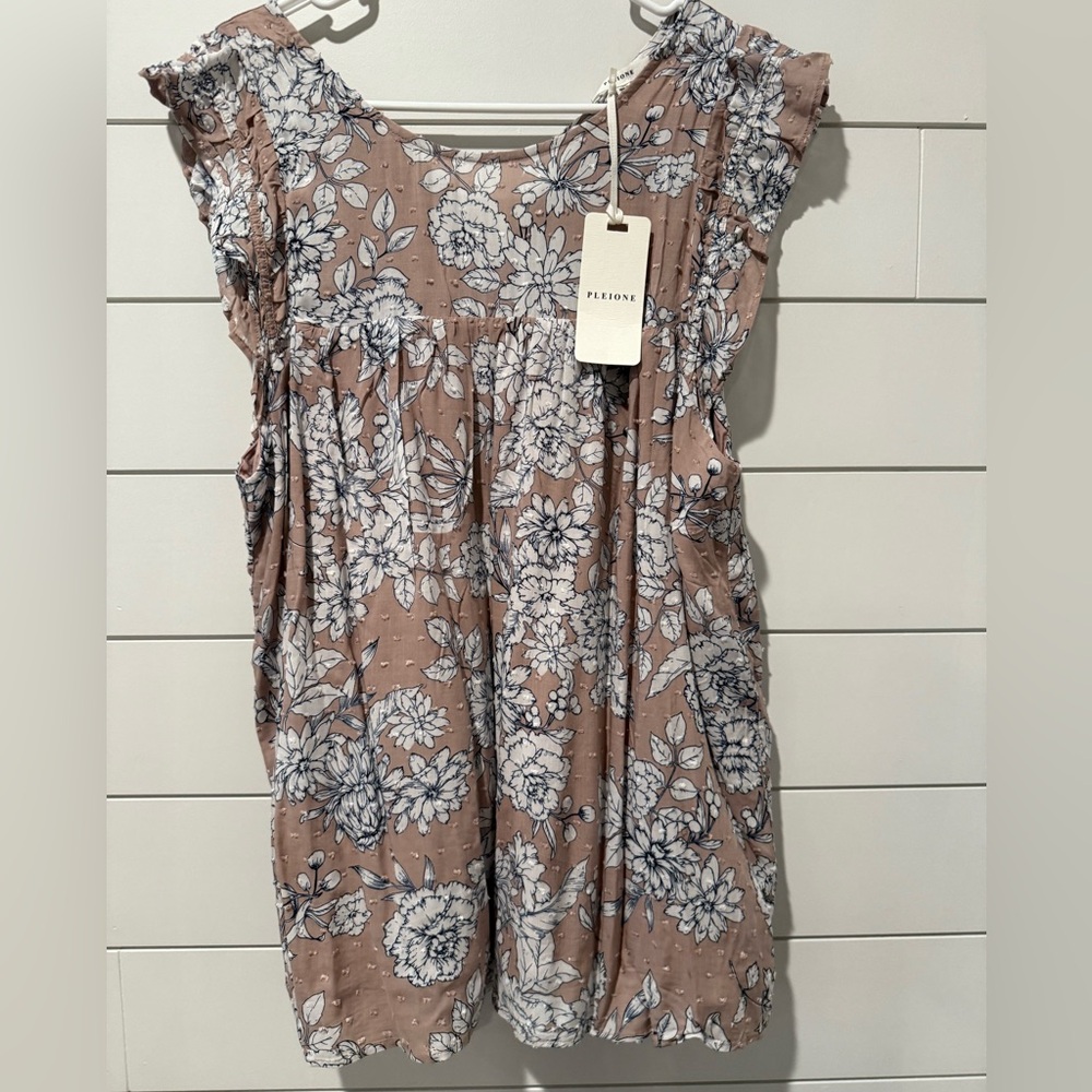 Pleione Tan/Pink Ruffled Blouse with Relaxed Fit